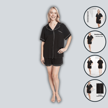 Women's Black Short Pyjama Set Super Soft Sleepwear Nightwear Button Up Top and Shorts with Pockets PJs by Daisy Dreamer