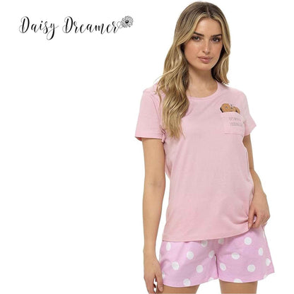 Women's Cotton Sausage Dog Print T Shirt and Shorts Pyjama Set for Summer by Daisy Dreamer Cozy Sleepwear Loungewear Gift for Dog Lovers Multiple Sizes