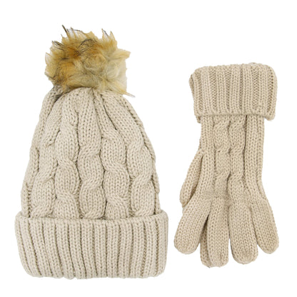 Women's Cream Chunky Knit Winter Hat & Gloves Set Faux Fur Pom Pom Warm & Stylish Beanie for Ladies By Heatwave Thermalwear