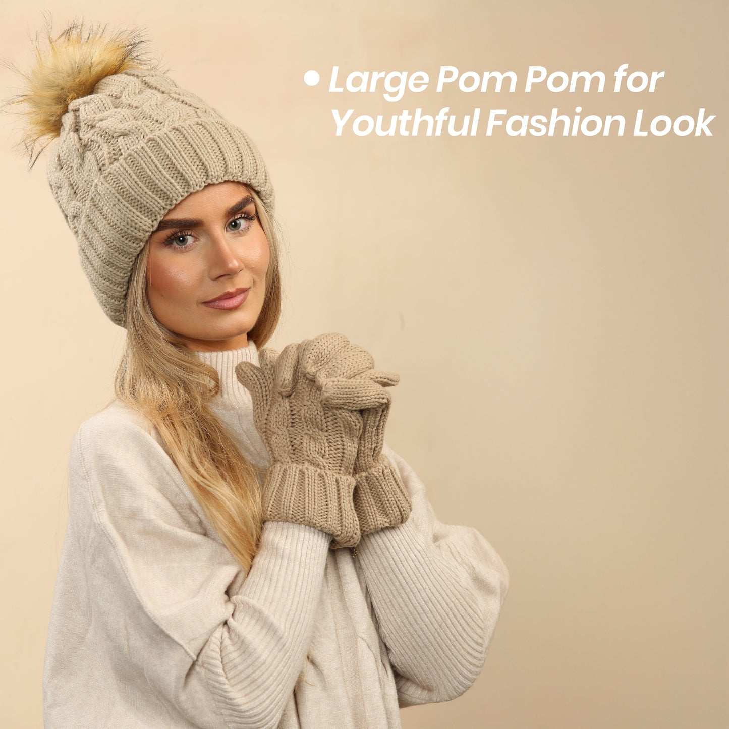 Women's Cream Chunky Knit Winter Hat & Gloves Set Faux Fur Pom Pom Warm & Stylish Beanie for Ladies By Heatwave Thermalwear