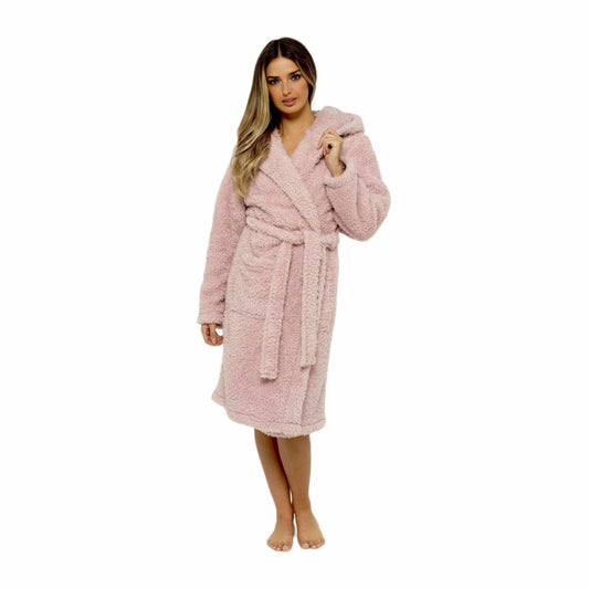 Women's Dusky Pink Teddy Fleece Hooded Robe Ultra Soft Cozy Bathrobe Winter Loungewear Pajamas for Ladies by Daisy Dreamer