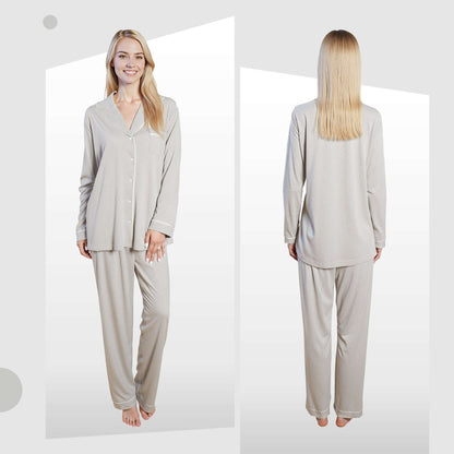 Women's Grey Pyjama Set Soft Touch Long Sleeve Button-Up Top & Bottoms Two-Piece Nightwear by Daisy Dreamer