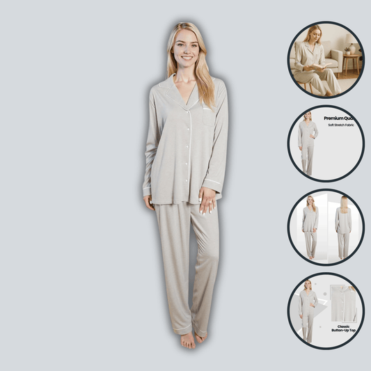 Women's Grey Pyjama Set Soft Touch Long Sleeve Button-Up Top & Bottoms Two-Piece Nightwear by Daisy Dreamer