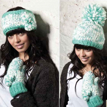 Women's Hand Knitted Daisy Pattern Winter Hat Headband Mittens Set with Pom Pom in Red Green Pink for Outdoor Activities and Holiday Gifts by Sock Stack