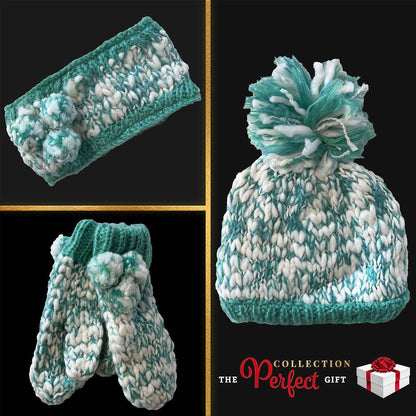 Women's Hand Knitted Daisy Pattern Winter Hat Headband Mittens Set with Pom Pom in Red Green Pink for Outdoor Activities and Holiday Gifts by Sock Stack