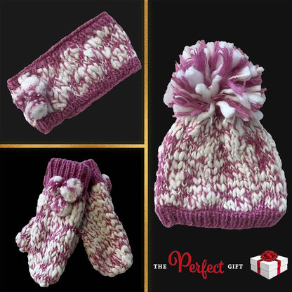 Women's Hand Knitted Daisy Pattern Winter Hat Headband Mittens Set with Pom Pom in Red Green Pink for Outdoor Activities and Holiday Gifts by Sock Stack