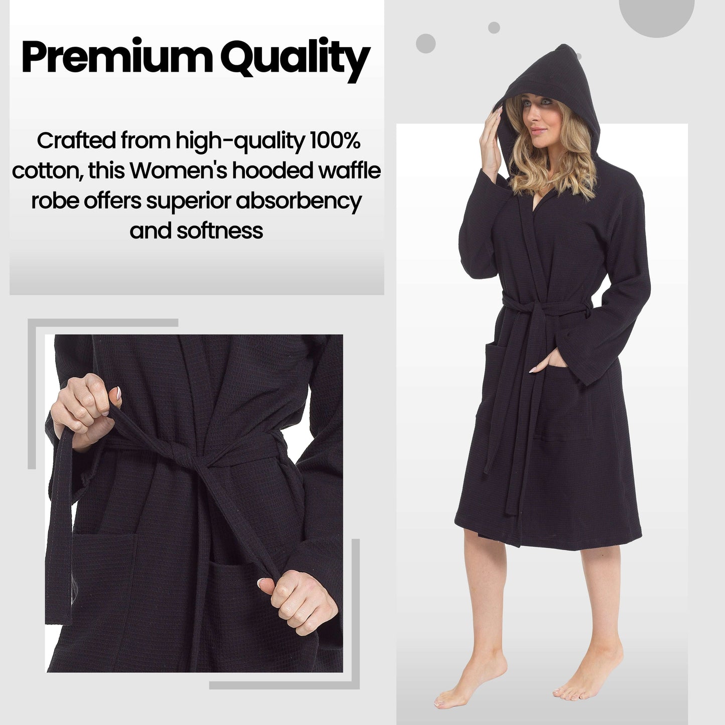 Women's Hooded Waffle Cotton Bathrobe Black Super Absorbent Spa Dressing Gown for Home Lounge & Travel by Daisy Dreamer