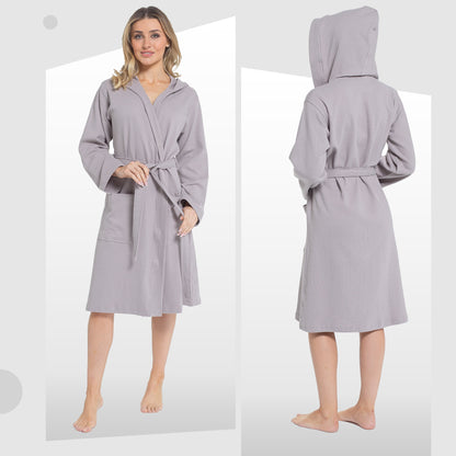 Women's Hooded Waffle Cotton Bathrobe Grey Super Absorbent Spa Dressing Gown for Home Lounge & Travel by Daisy Dreamer