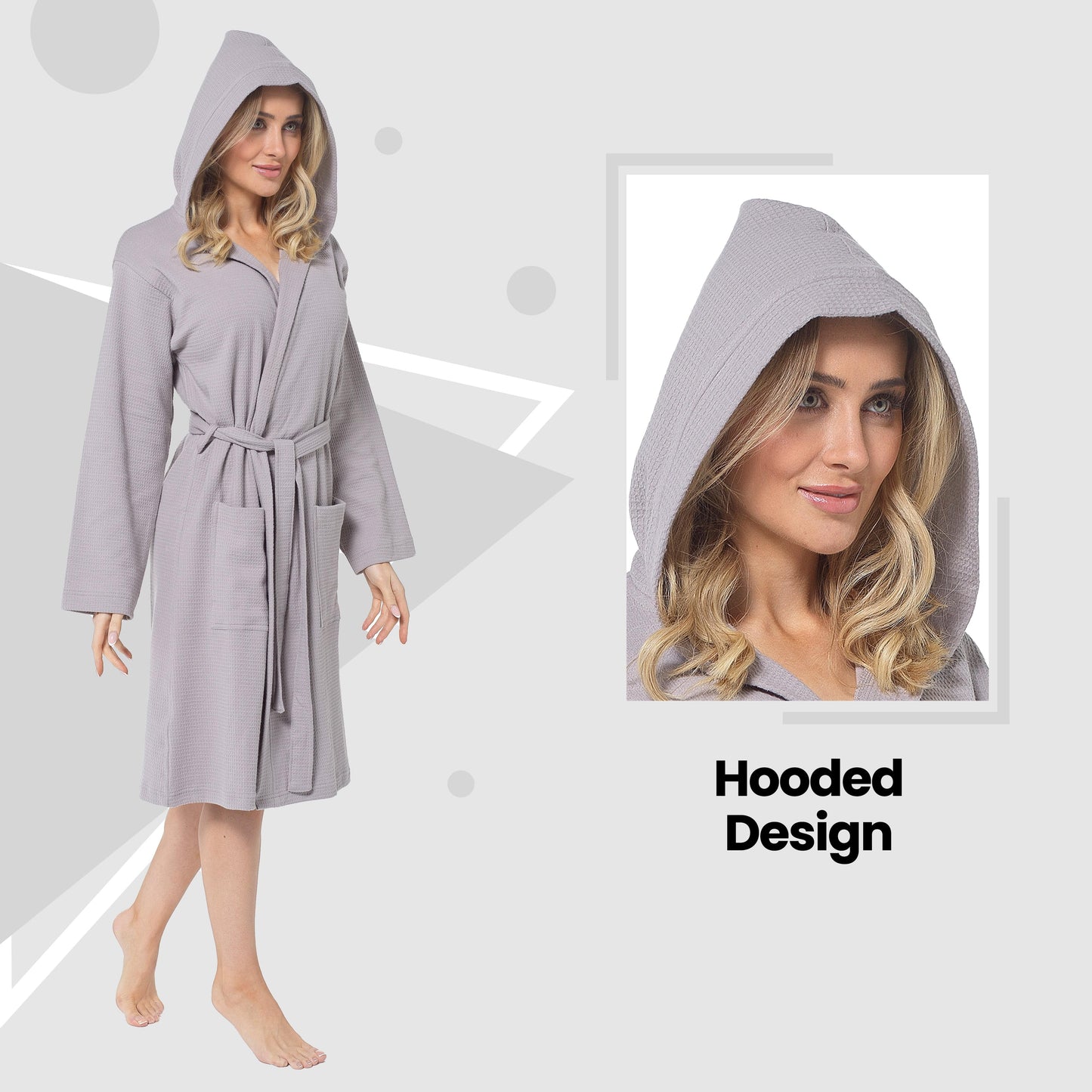 Women's Hooded Waffle Cotton Bathrobe Grey Super Absorbent Spa Dressing Gown for Home Lounge & Travel by Daisy Dreamer
