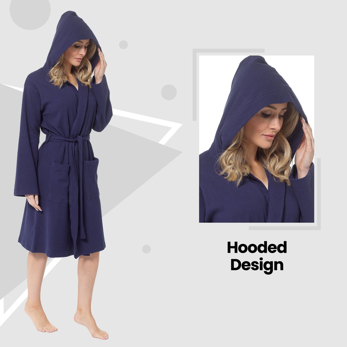Women's Hooded Waffle Cotton Bathrobe Navy Super Absorbent Spa Dressing Gown for Home Lounge & Travel by Daisy Dreamer