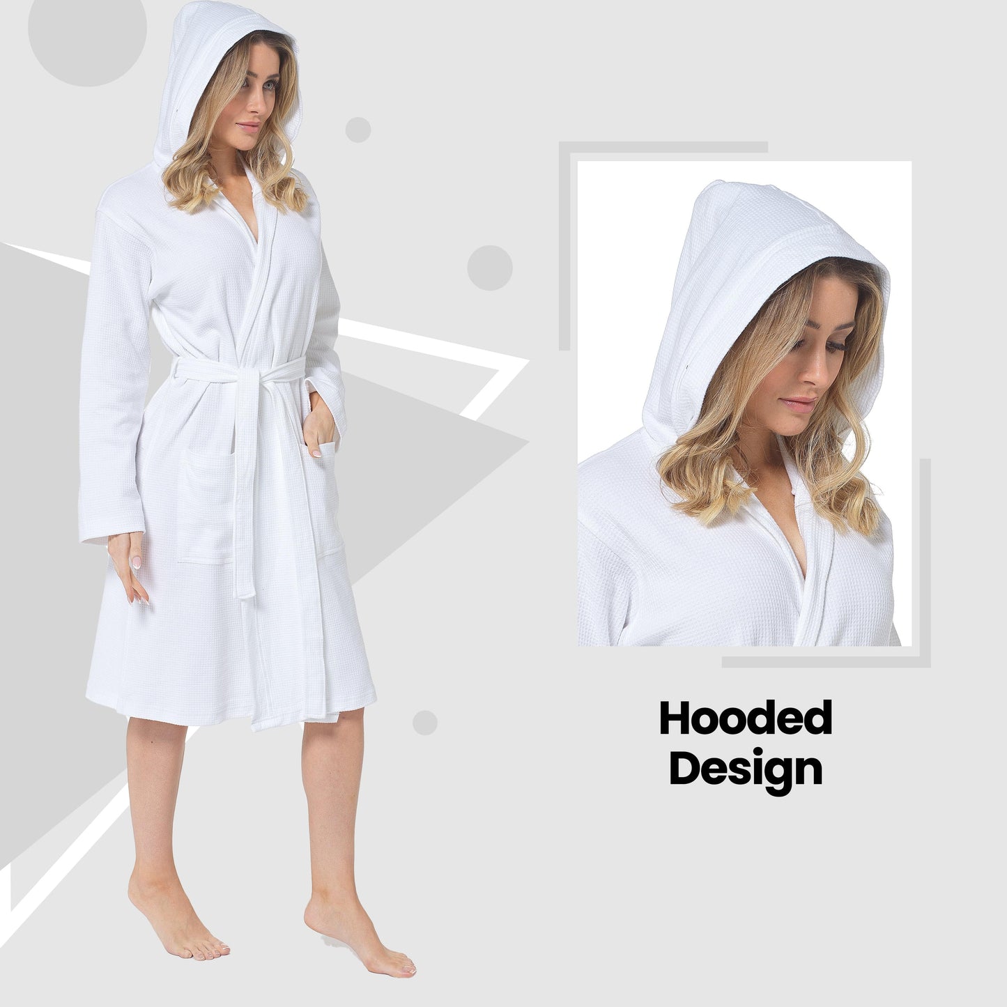 Women's Hooded Waffle Cotton Bathrobe White Super Absorbent Spa Dressing Gown for Home Lounge & Travel by Daisy Dreamer