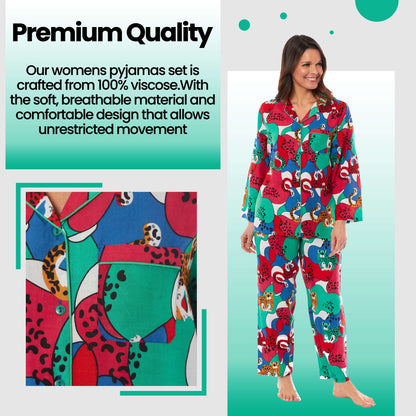 Women's Jaguar Jungle Leopard Print Long Pyjama Set Button Up Soft Breathable Viscose Loungewear Sleepwear Relaxing PJ Set by Daisy Dreamer