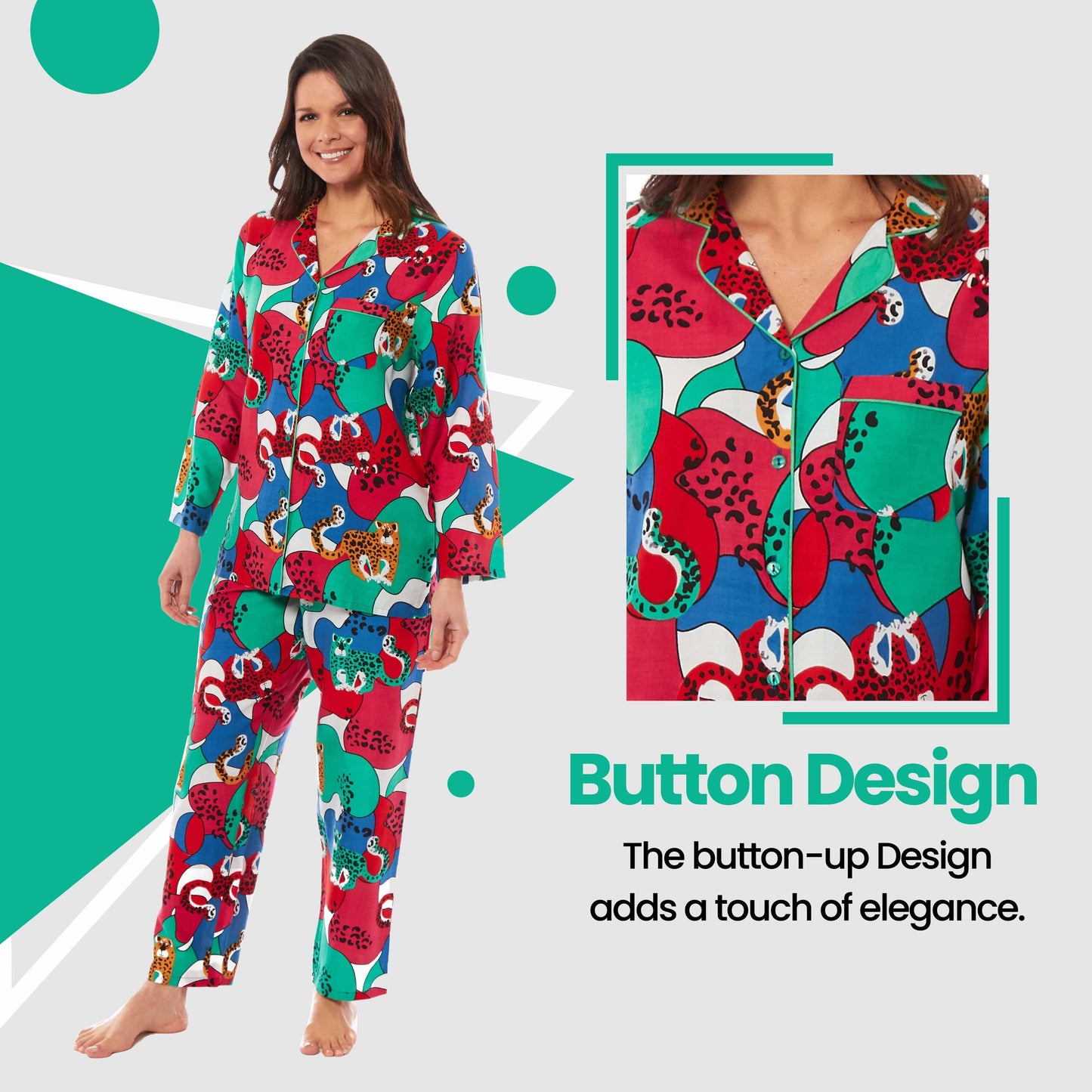 Women's Jaguar Jungle Leopard Print Long Pyjama Set Button Up Soft Breathable Viscose Loungewear Sleepwear Relaxing PJ Set by Daisy Dreamer