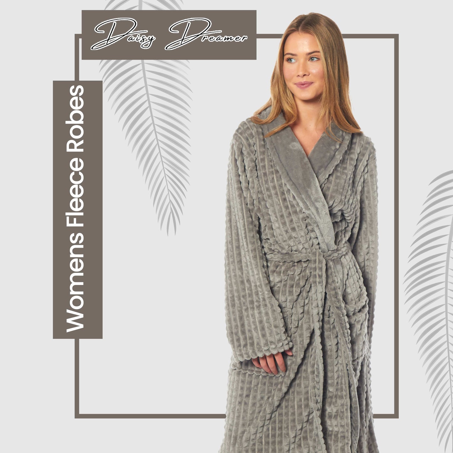 Women's Luxury Waffle Fleece Robe Soft Warm Long Dressing Gown with Belt and Pockets Loungewear by Daisy Dreamer