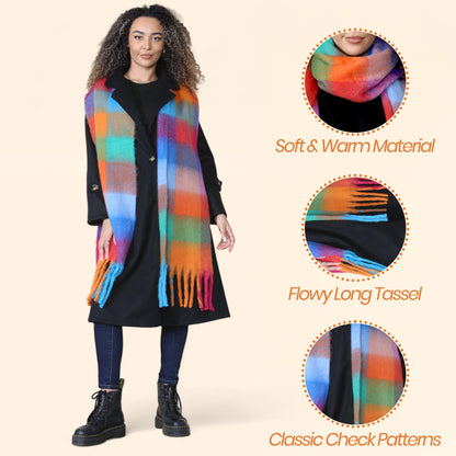 Women’s Orange Blue Chunky Knit Bright Plaid Blanket Scarf Long Winter Wrap Warm Check Shawl with Tassels Gift for Ladies by Daisy Dreamer