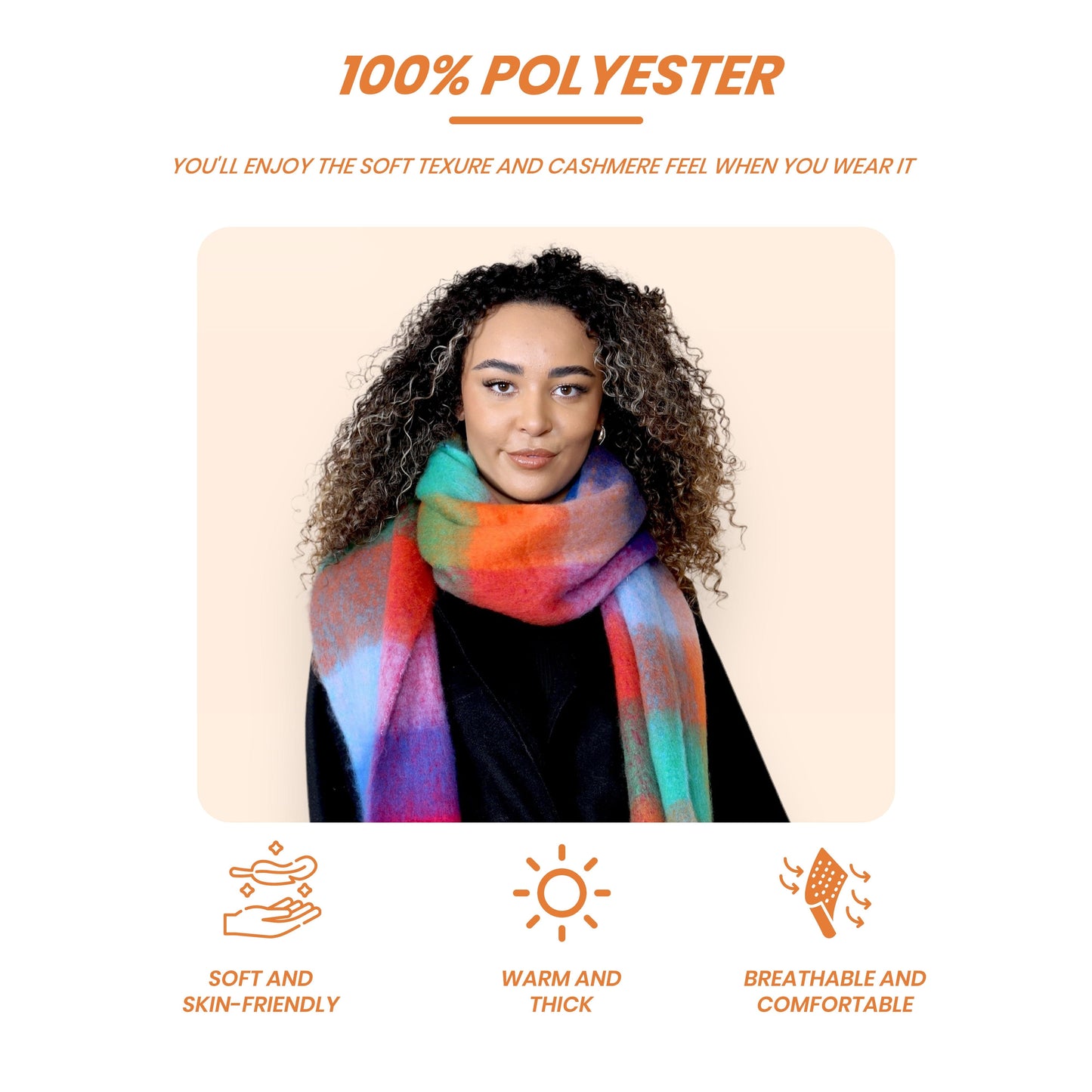 Women’s Orange Blue Chunky Knit Bright Plaid Blanket Scarf Long Winter Wrap Warm Check Shawl with Tassels Gift for Ladies by Daisy Dreamer