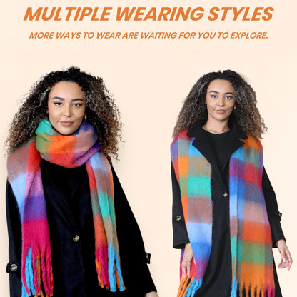 Women’s Orange Blue Chunky Knit Bright Plaid Blanket Scarf Long Winter Wrap Warm Check Shawl with Tassels Gift for Ladies by Daisy Dreamer