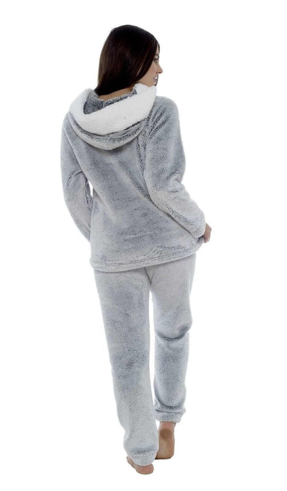 Women's Plush Fleece Hooded Pyjama Set Shimmer Grey Super Soft Fabric Elasticated Waistband Sherpa Edging Cozy Sleepwear Small to X Large by Daisy Dreamer