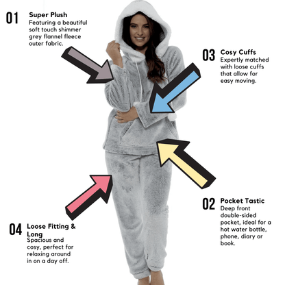 Women's Plush Fleece Hooded Pyjama Set Shimmer Grey Super Soft Fabric Elasticated Waistband Sherpa Edging Cozy Sleepwear Small to X Large by Daisy Dreamer