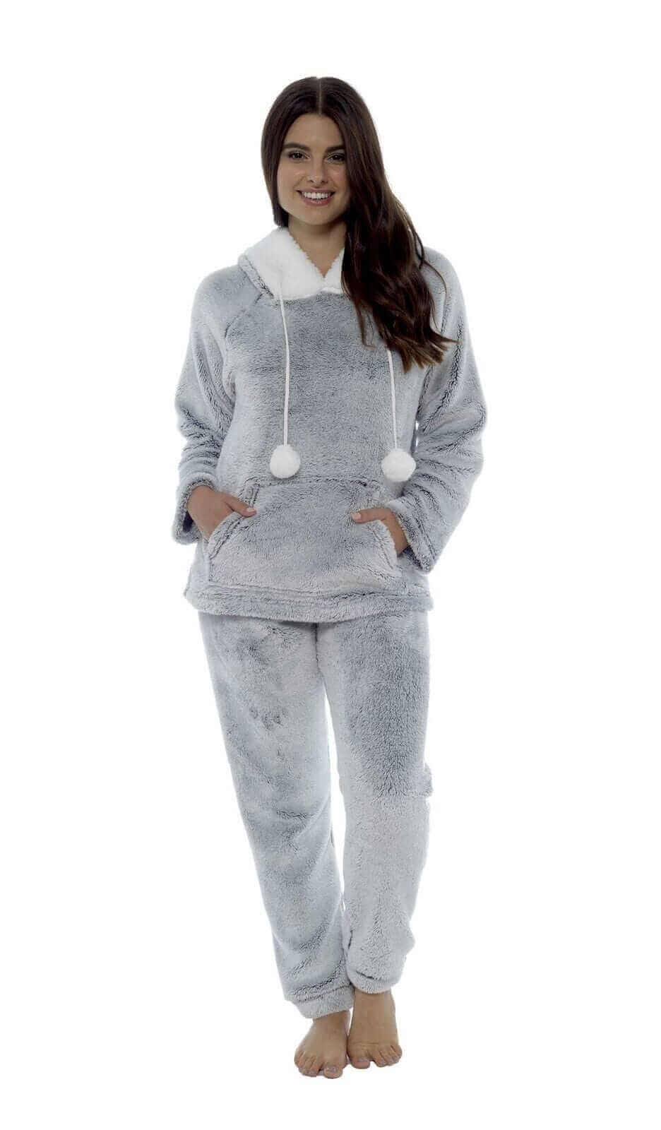 Women's Plush Fleece Hooded Pyjama Set Shimmer Grey Super Soft Fabric Elasticated Waistband Sherpa Edging Cozy Sleepwear Small to X Large by Daisy Dreamer
