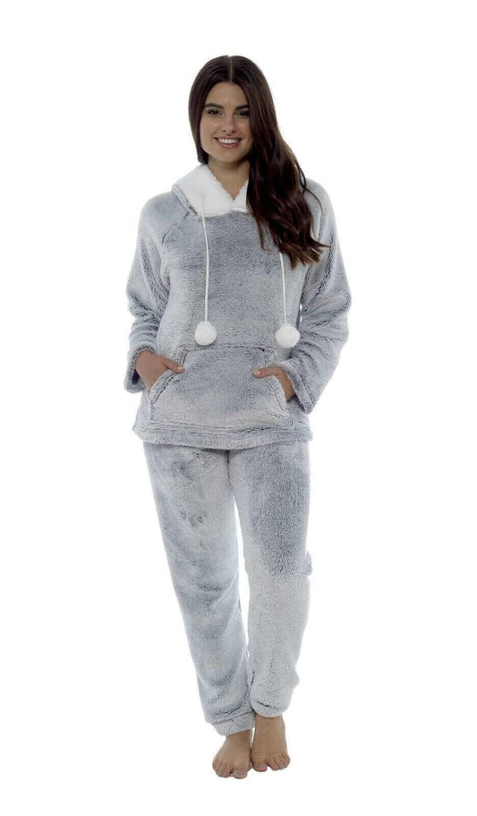Women's Plush Fleece Hooded Pyjama Set Shimmer Grey Super Soft Fabric Elasticated Waistband Sherpa Edging Cozy Sleepwear Small to X Large by Daisy Dreamer