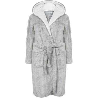 Women's Shimmer Grey Fleece Hooded Bathrobe Ultra-Soft Sherpa Lining Cozy Long Loungewear Luxurious Warm Plush Dressing Gown by Daisy Dreamer for Winter
