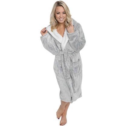 Women's Shimmer Grey Fleece Hooded Bathrobe Ultra-Soft Sherpa Lining Cozy Long Loungewear Luxurious Warm Plush Dressing Gown by Daisy Dreamer for Winter