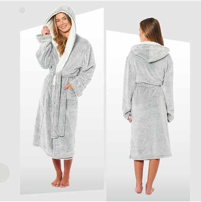 Women's Soft Plush Shimmer Fleece Hooded Bath Robe Luxurious Dressing Gown for Lounging and Sleeping in Shimmer Grey Multiple Sizes by Daisy Dreamer