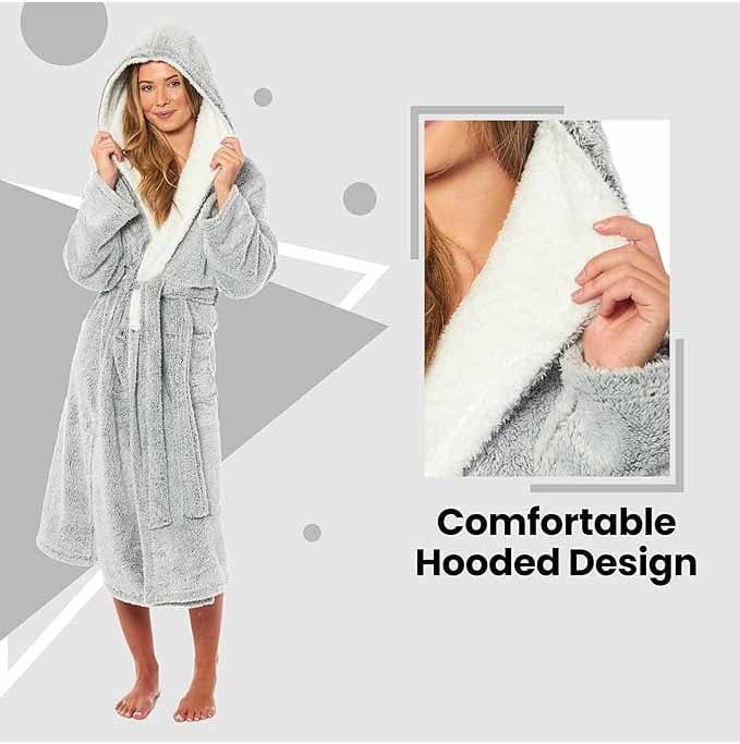 Women's Soft Plush Shimmer Fleece Hooded Bath Robe Luxurious Dressing Gown for Lounging and Sleeping in Shimmer Grey Multiple Sizes by Daisy Dreamer