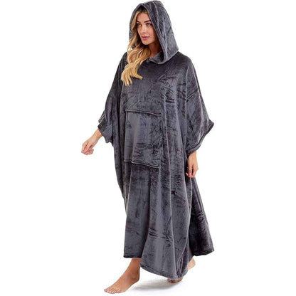 Women's Super Soft Oversized Hooded Poncho Blanket Navy Charcoal Flannel Fleece Cozy Loungewear Nightwear Warm Hoodie One Size Fits Most Adults by Daisy Dreamer