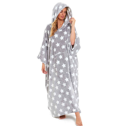 Women's Super Soft Oversized Hooded Poncho Blanket with Stars & Polka Dot Design for Indoor & Outdoor Use by Daisy Dreamer