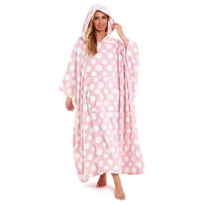 Women's Super Soft Oversized Hooded Poncho Blanket with Stars & Polka Dot Design for Indoor & Outdoor Use by Daisy Dreamer