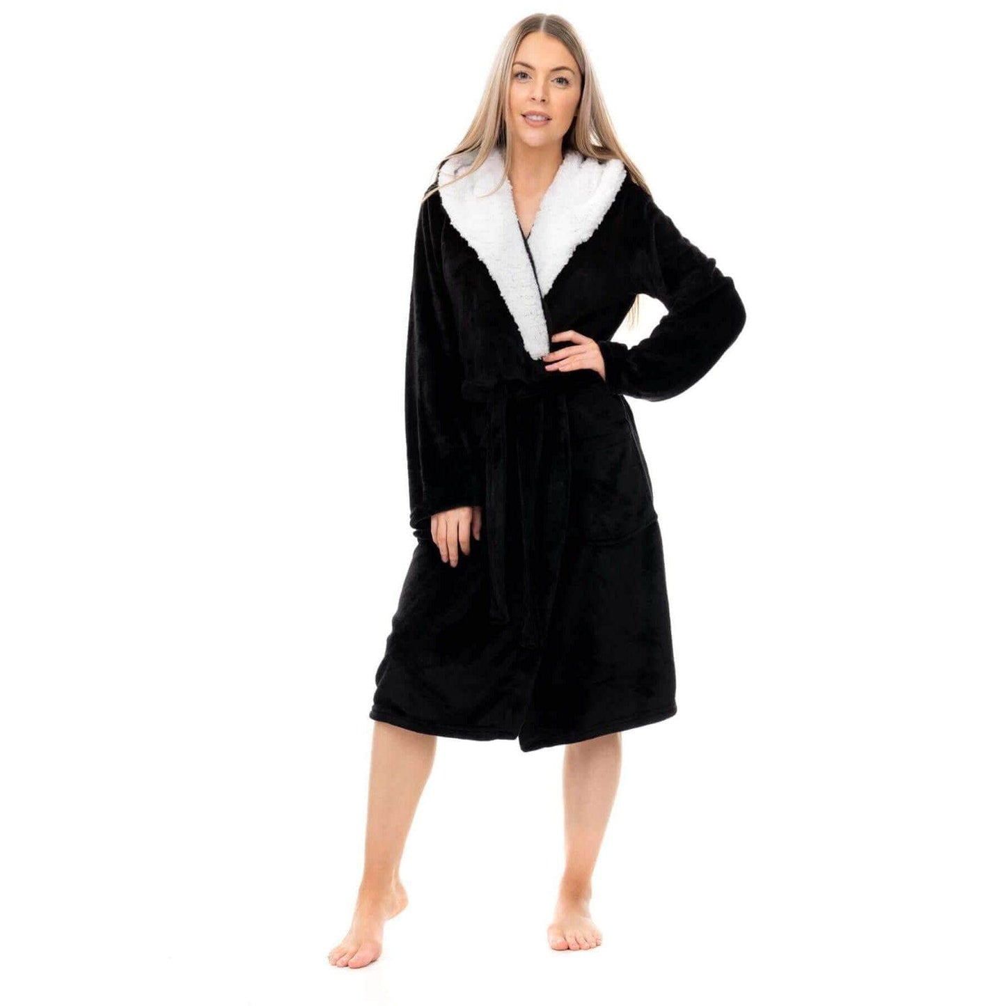 Women's Super Soft Plush Fleece Hooded Bathrobe Fluffy Velvet Loungewear Long Sleeve Cosy Winter Dressing Gown Spa Essential by Daisy Dreamer