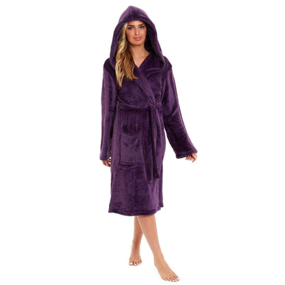 Women's Super Soft Plush Fleece Hooded Bathrobe Fluffy Velvet Loungewear Long Sleeve Cosy Winter Dressing Gown Spa Essential by Daisy Dreamer