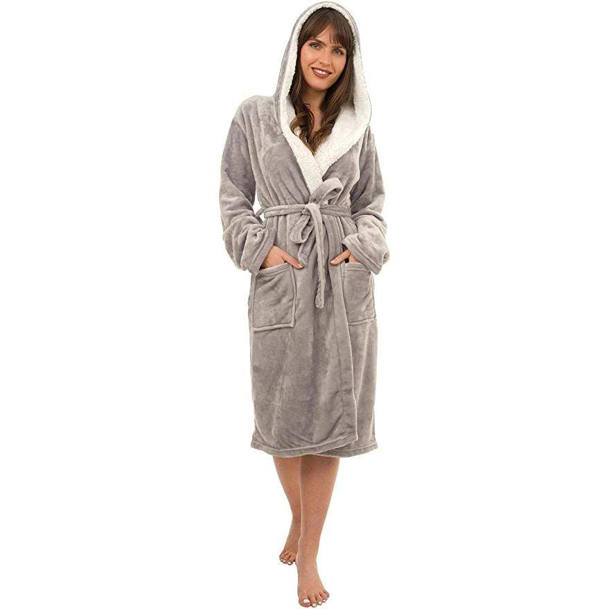 Women's Super Soft Plush Fleece Hooded Bathrobe Fluffy Velvet Loungewear Long Sleeve Cosy Winter Dressing Gown Spa Essential by Daisy Dreamer