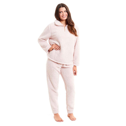 Women's Super Soft Teddy Fleece Loungewear Set Cozy Elasticated Waistband Pants and Zip Front Top in Pink Grey Cream Luxurious Nightwear by Daisy Dreamer