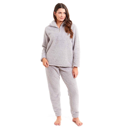 Women's Super Soft Teddy Fleece Loungewear Set Cozy Elasticated Waistband Pants and Zip Front Top in Pink Grey Cream Luxurious Nightwear by Daisy Dreamer