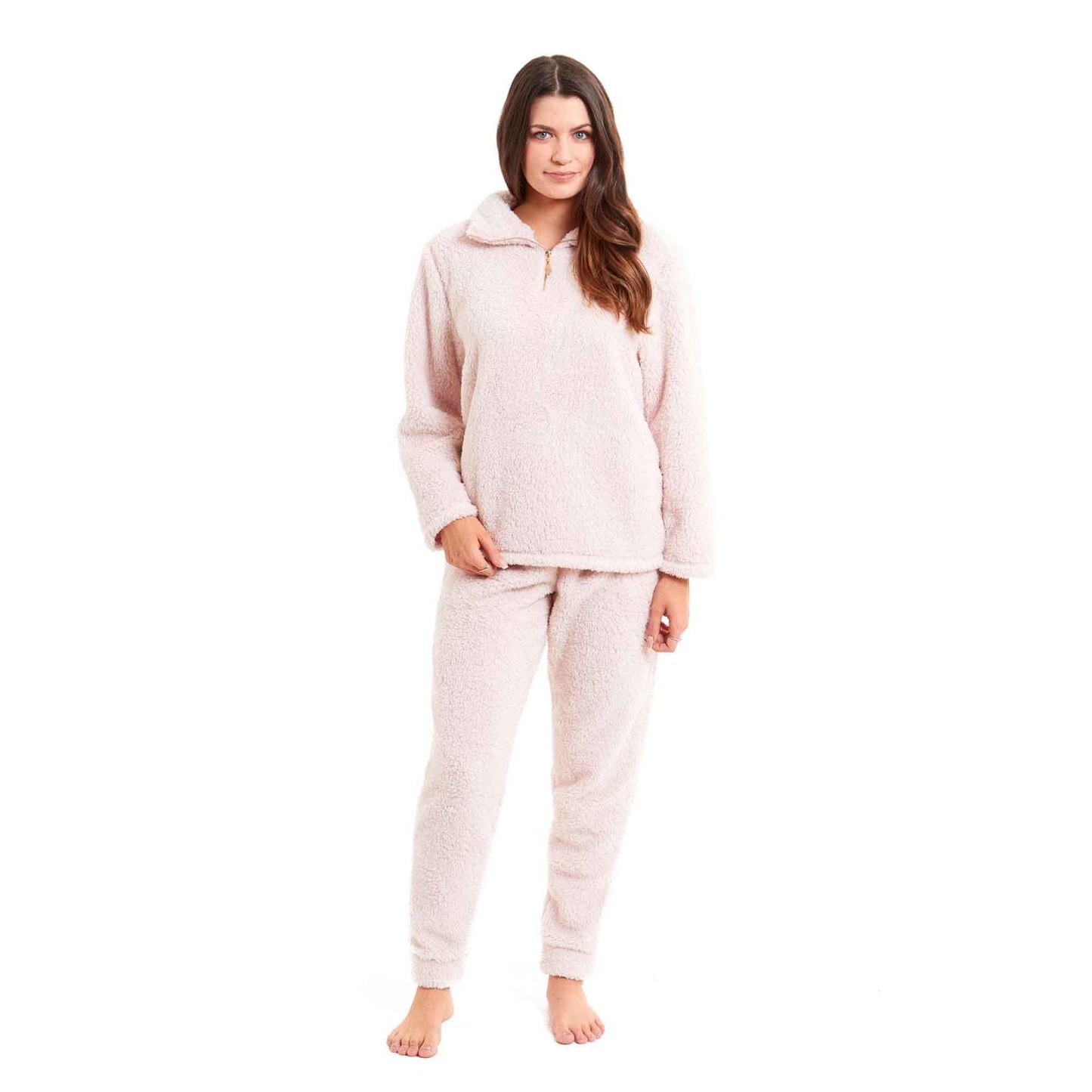Women's Super Soft Teddy Fleece Loungewear Set Cozy Elasticated Waistband Pants and Zip Front Top in Pink Grey Cream Luxurious Nightwear by Daisy Dreamer