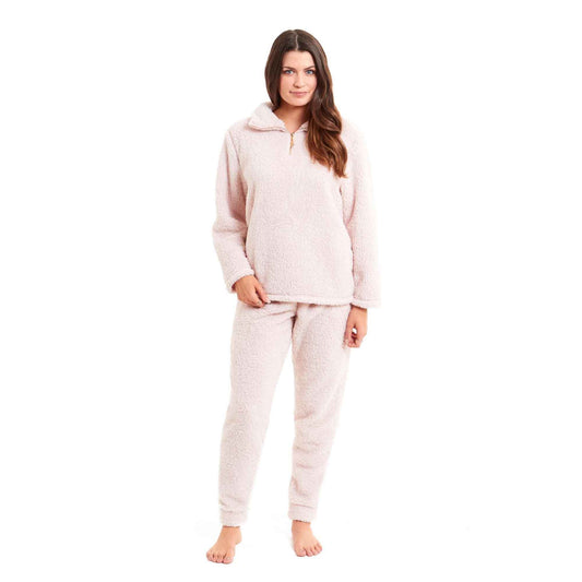 Women's Super Soft Teddy Fleece Loungewear Set Cozy Elasticated Waistband Pants and Zip Front Top in Pink Grey Cream Luxurious Nightwear by Daisy Dreamer