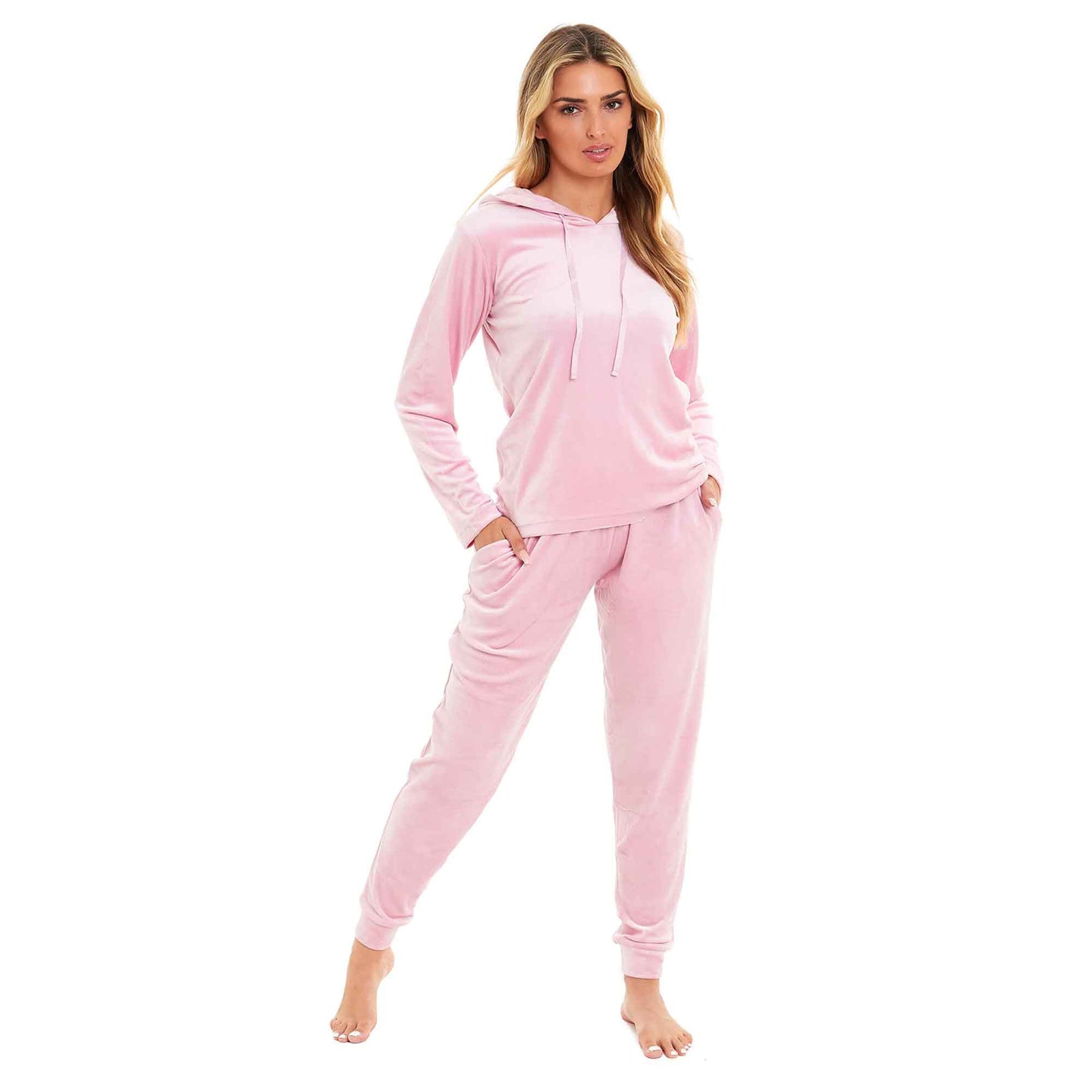 Women's Super Soft Velour Hooded Pyjama Set Comfortable Fleece Loungewear for Lounging Sleeping Pajama Parties in Pink Grey by Daisy Dreamer
