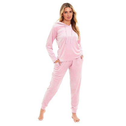 Women's Super Soft Velour Hooded Pyjama Set Comfortable Fleece Loungewear for Lounging Sleeping Pajama Parties in Pink Grey by Daisy Dreamer