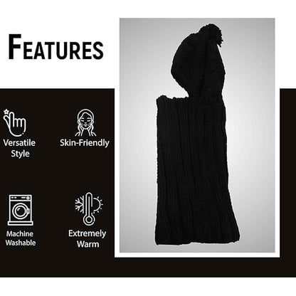 Women's Thermal Beanie Hat with Cable Knit Design and Pom Pom 2-In-1 Snood Scarf Winter Accessory in Cream Pink Black Grey Sock Stack