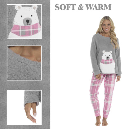 Women's Ultra-Soft Fleece Pyjama Set Cozy Polar Bear Print Long Sleeve Top and Elasticated Bottoms Warm Winter Nightwear by Daisy Dreamer