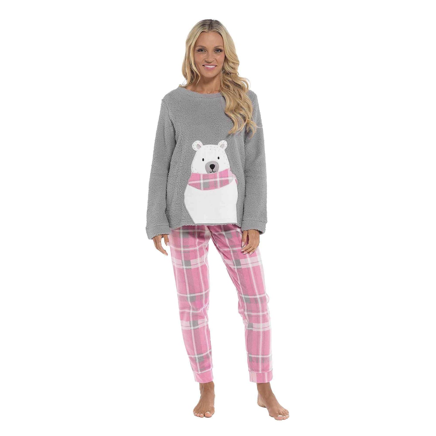 Women's Ultra-Soft Fleece Pyjama Set Cozy Polar Bear Print Long Sleeve Top and Elasticated Bottoms Warm Winter Nightwear by Daisy Dreamer