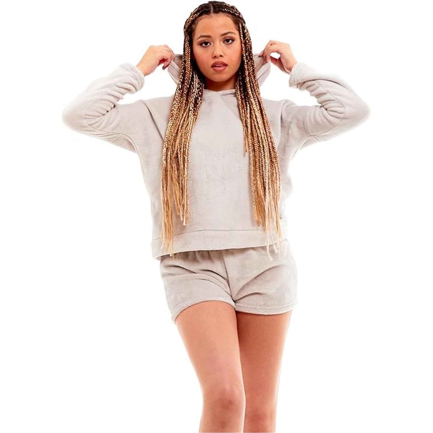 Women's Ultra Soft Fleece Pyjama Set with Hooded Top and Shorts Cozy Loungewear Homewear Available in Pink and Grey All Seasons Daisy Dreamer