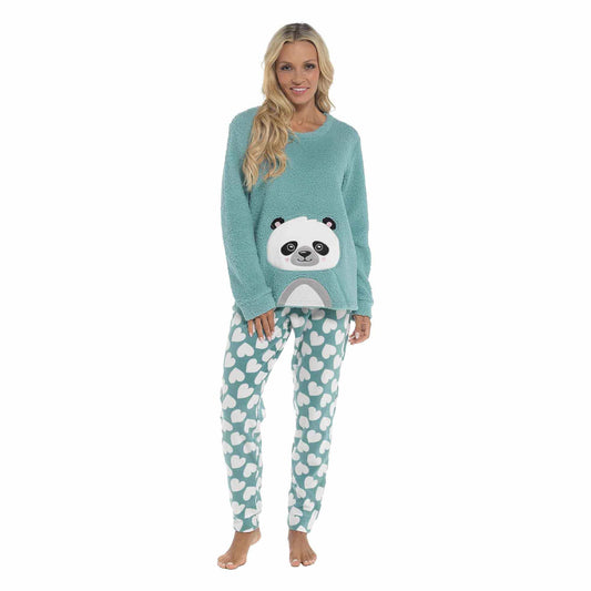 Women's Ultra-Soft Panda Snuggle Fleece Pyjama Set with Long Sleeve Top and Elasticated Bottoms for Lounging and Sleepwear by Daisy Dreamer
