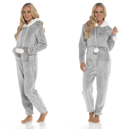 Women's Ultra-Soft Shimmer Fleece Hooded Onesie Pajama with Zip-Up Pockets and Cute Pompoms Warm Nightwear Ideal for Winter Comfort Daisy Dreamer