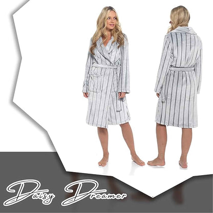 Women's Ultra Soft Velvet Fleece Hooded Bathrobe with Shawl Collar Shadow Stripe Design Grey and Charcoal All Sizes by Daisy Dreamer