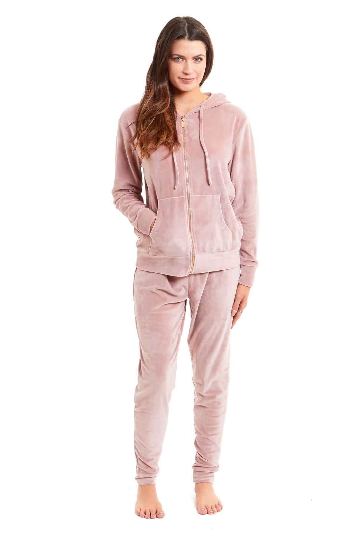 Women’s Velour Fleece Hooded Zip Track Suit Velvet Loungewear Set with Elastic Waistband Comfortable All-Day Wear Multiple Styles and Sizes by Daisy Dreamer