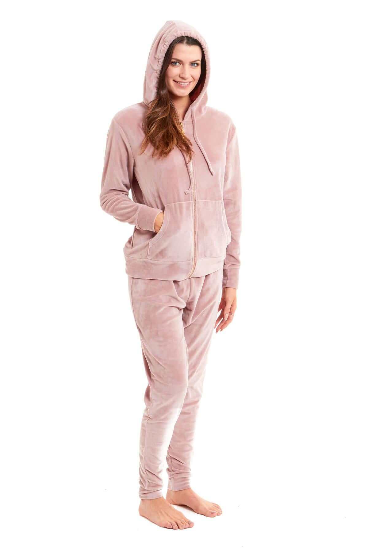Women’s Velour Fleece Hooded Zip Track Suit Velvet Loungewear Set with Elastic Waistband Comfortable All-Day Wear Multiple Styles and Sizes by Daisy Dreamer